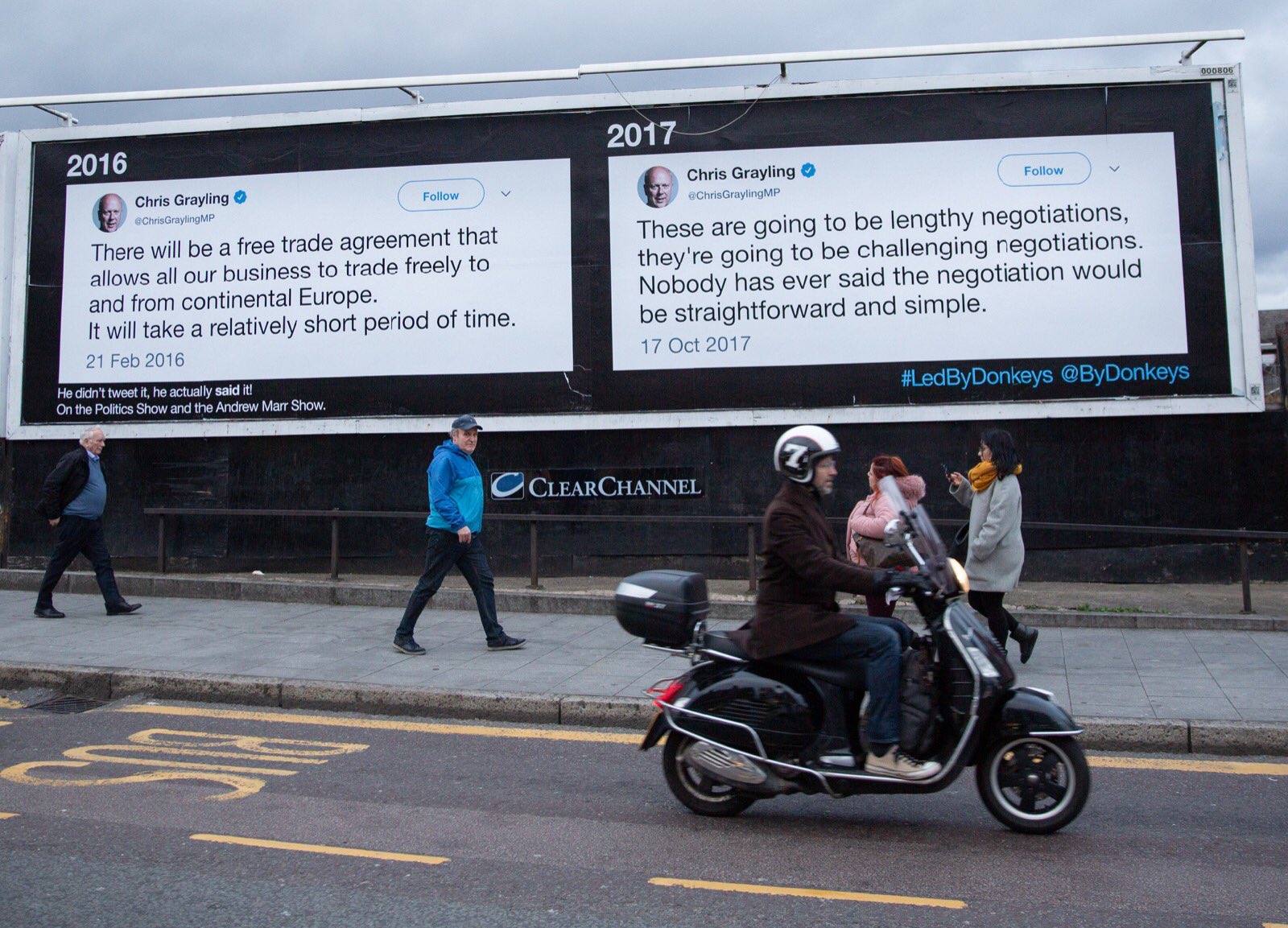 Image of two contradictory quotes by Chris Grayling posted to a billboard