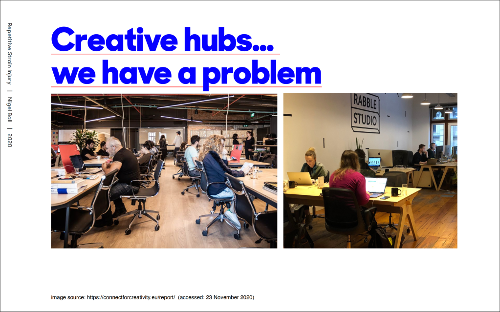 A slide from a presentation with a title in blue and two photographs of people working at laptops in open office creative hubs