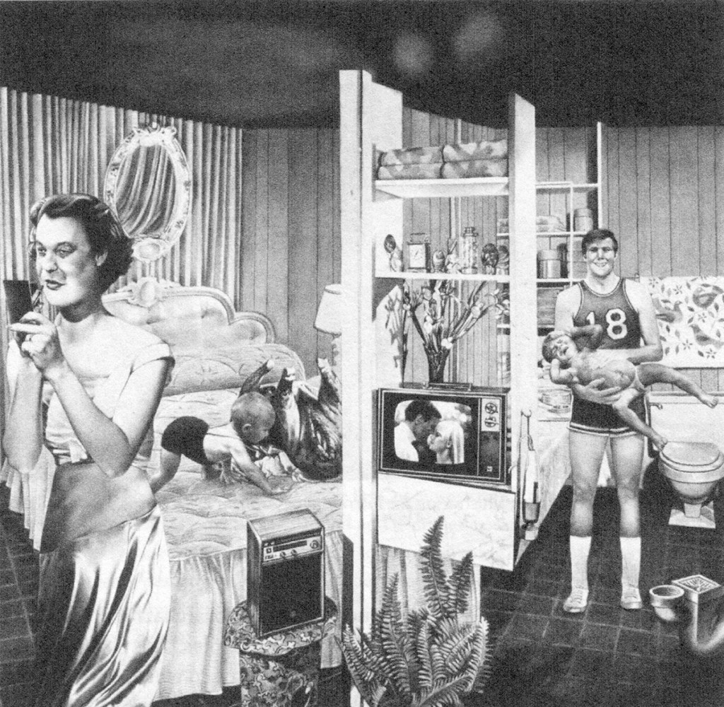 A black and white drawing that looks like a photomontage, featuring a woman with a distorted face putting on lipstick, and baby on a bed playing with a dead animal with its feet in the air, a TV, and a man in sports cloths holding a baby. The image also has in it a mirror, a shelving unit, and a toilet.