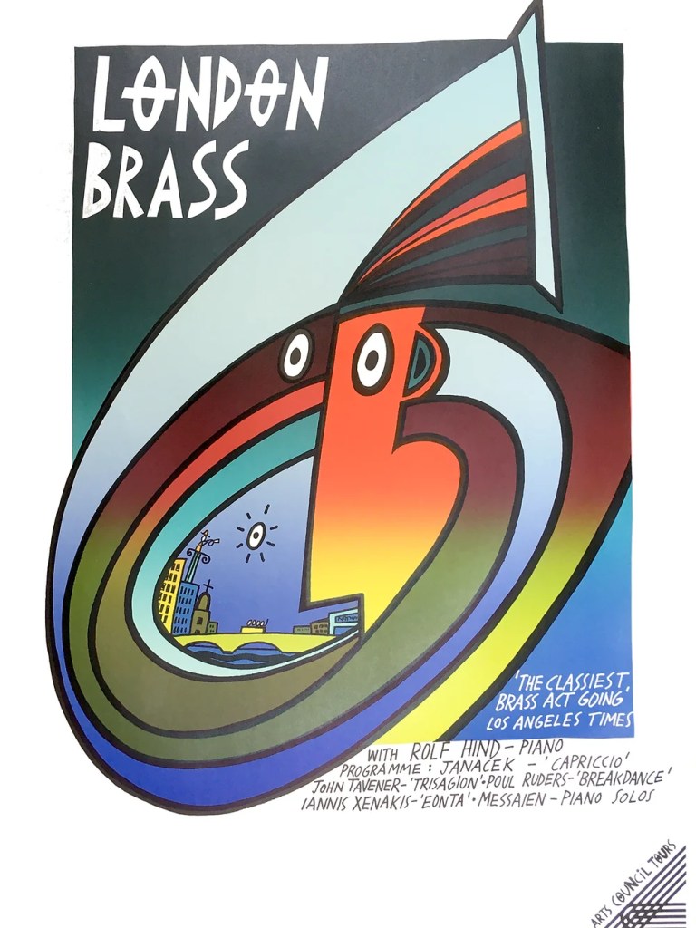An illustrated poster featuring an abstract figure in the centre blowing a brass instrument and a city scape in the background with the words London Brass in the top left hand corner.