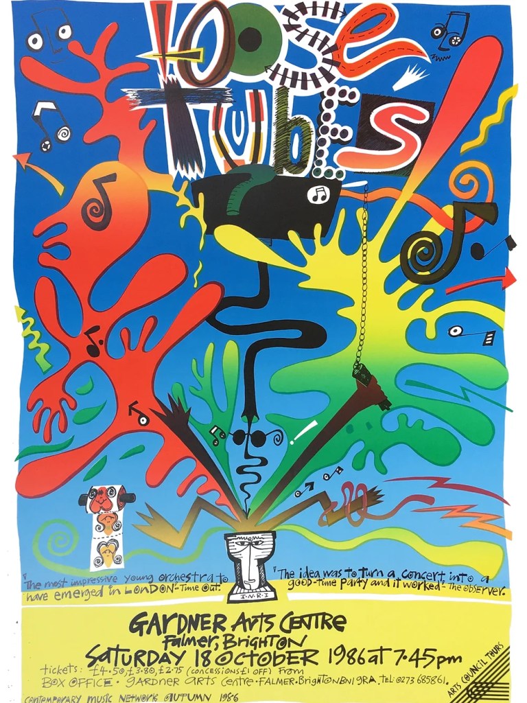 An illustrated poster featuring letterforms reading Loose Tubes at the top, colourful splashes and figures on a blue background and text advertising a concert at the bottom.