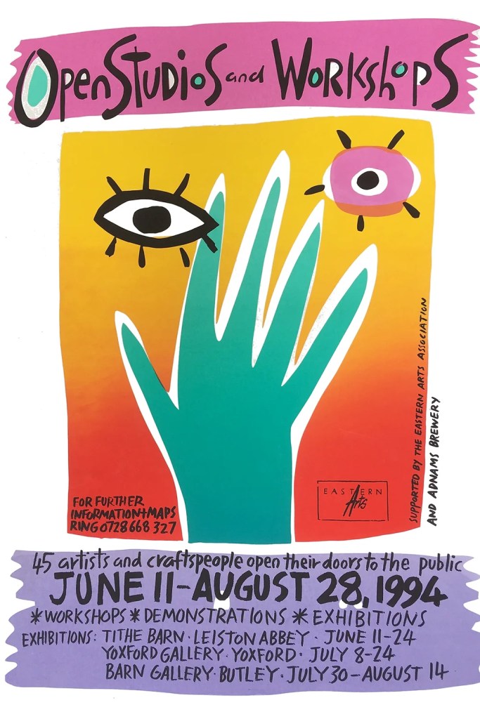 An illustrated poster with the words Open Studios and Workshops at the top, and in the centre, a hand with two eyes either side and text at the bottom.
