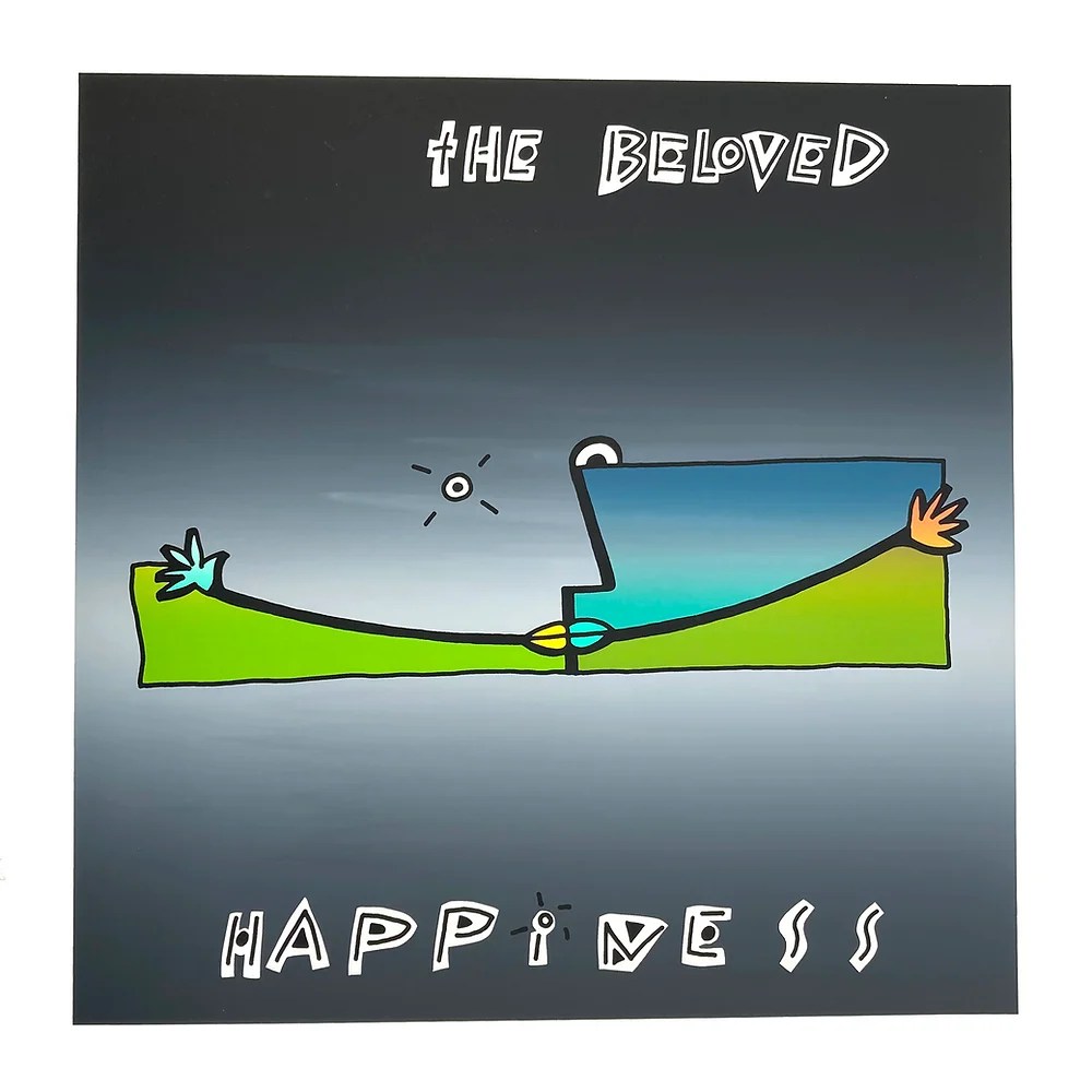 An illustrated album cover with an abstract smiling face in the centre, with the lettering: The Beloved at the top, and" Happiness at the bottom.