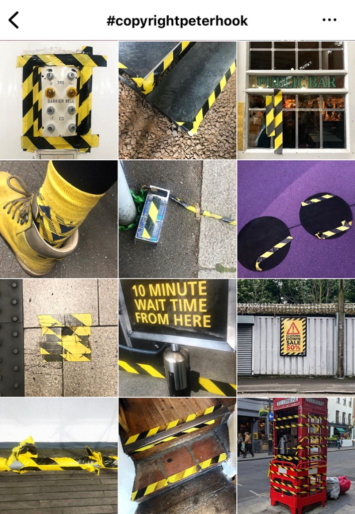 A grid of 12 square photographs, each featuring the use of yellow and black stripes, with the hashtag #copyrightpeterhook written at the top.