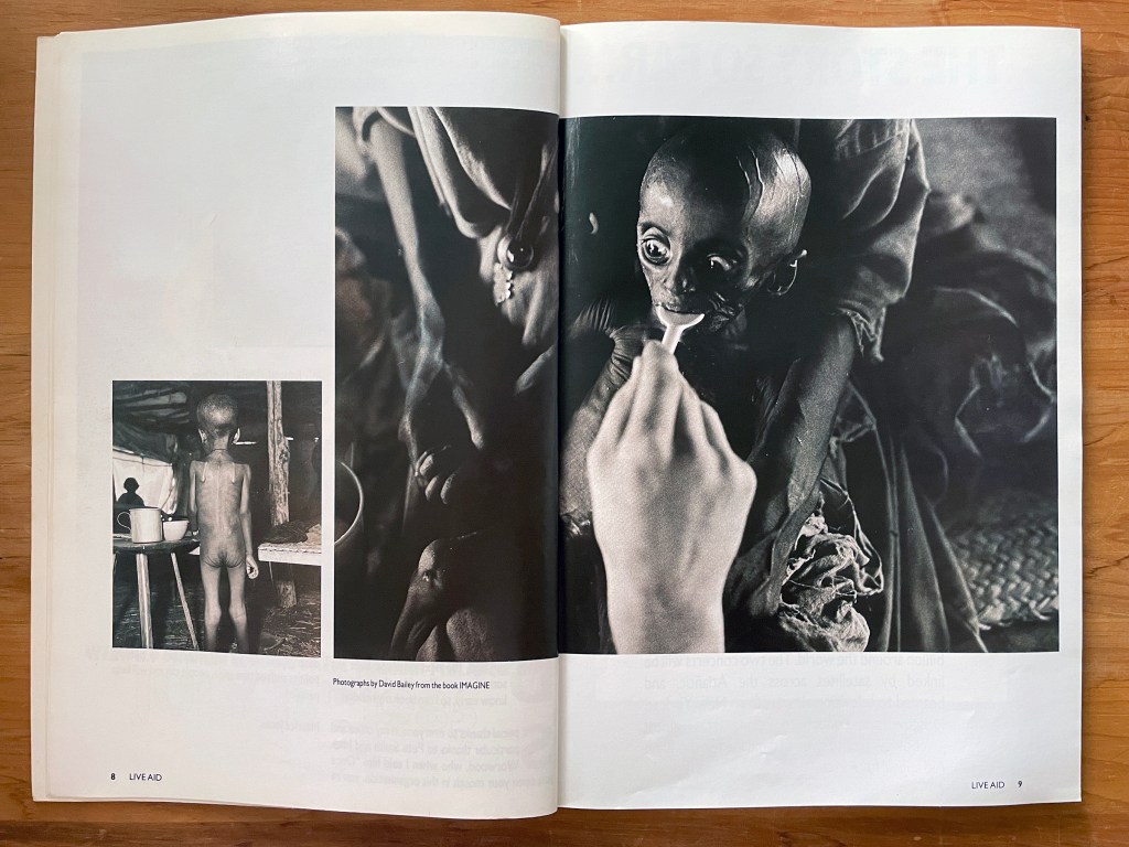 A double page spread with two black and white photographs, one smaller than the other. The left hand image is of a starving child with their back to the camera, and the large photograph is of a child being spoon fed. 
