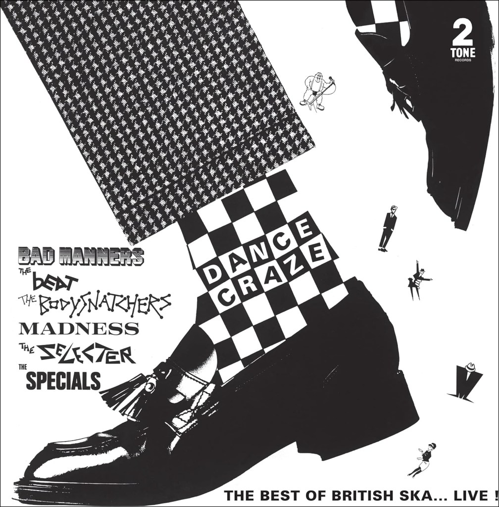 A black and white image of a pair of shoes and checkered socks. In the socks are the words: Dance Craze. To the left and a series of band names: Bad Manners, The Beat, The Bodysnatchers, Madness, The Selecter, The Specials. Small icons of cartoon figures can also be seen.