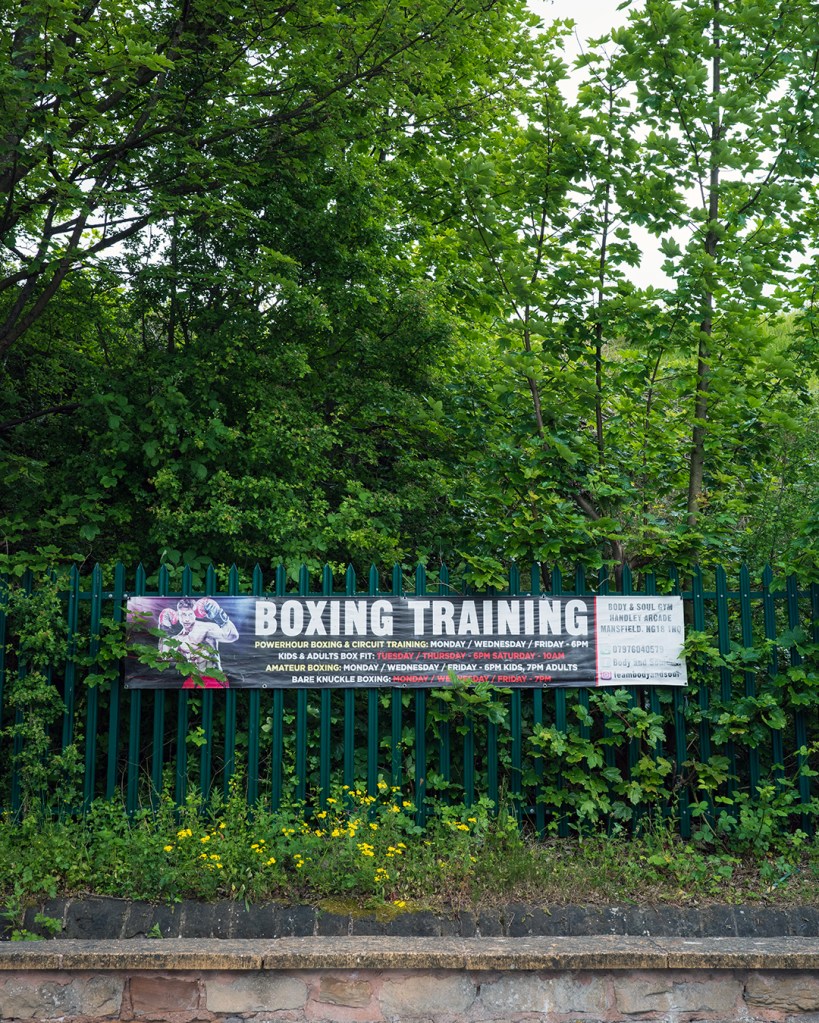 A vinyl banner on railings reading: Boxing Training, in front of trees.