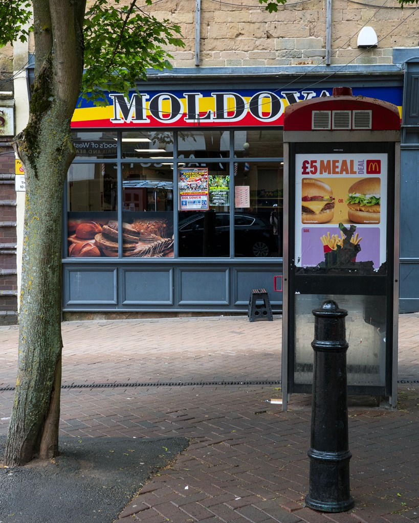 A shop with Moldova written above it's window, a discontinued phone box with a burger advert, and a tree and bollard