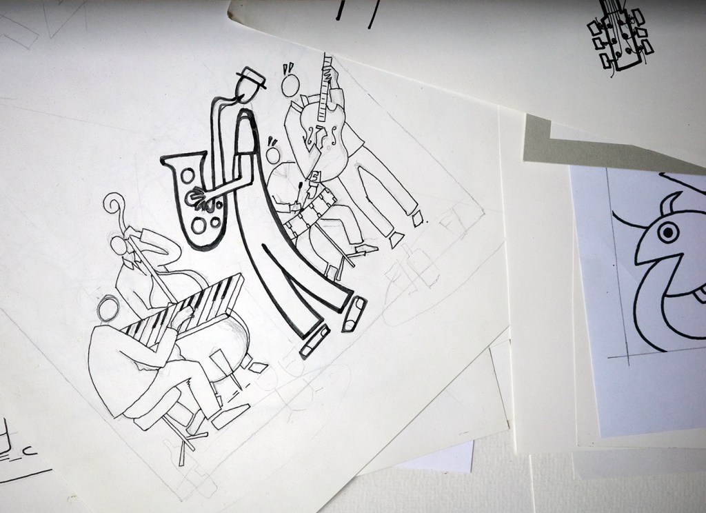 A black and white drawing of a band