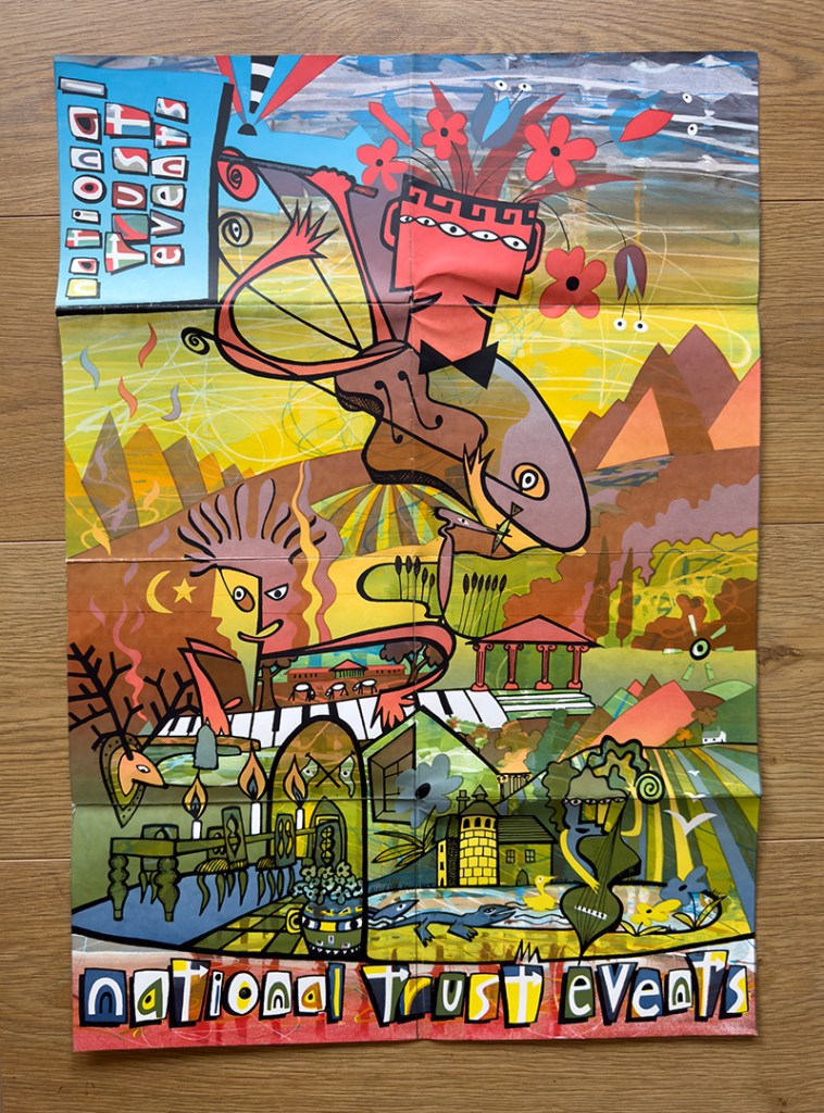 A colourful illustration of figures playing musical instruments, hills, and buildings. At the bottom are the words National Trust Events.
