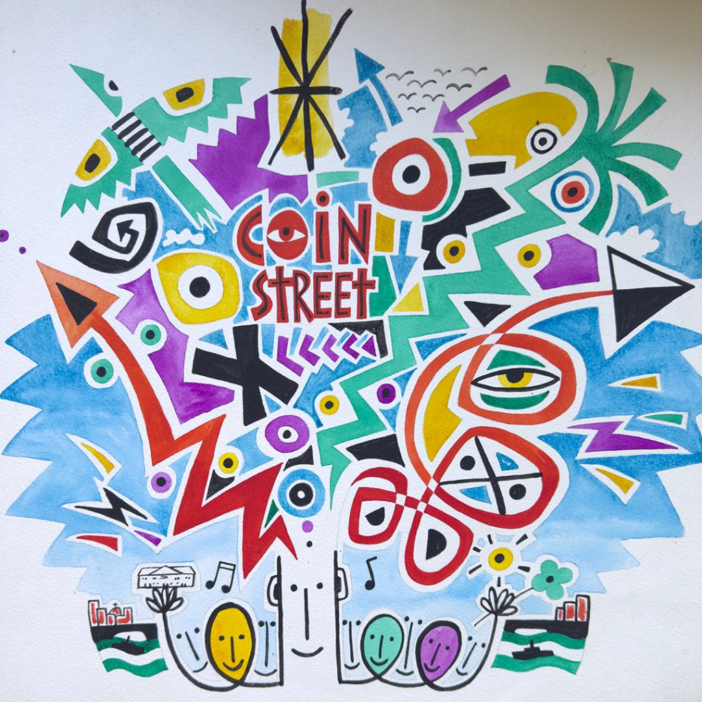 Abstract colourful shapes pointing in different directions and some heads and hands at the bottom, The words Coin Street can be seen