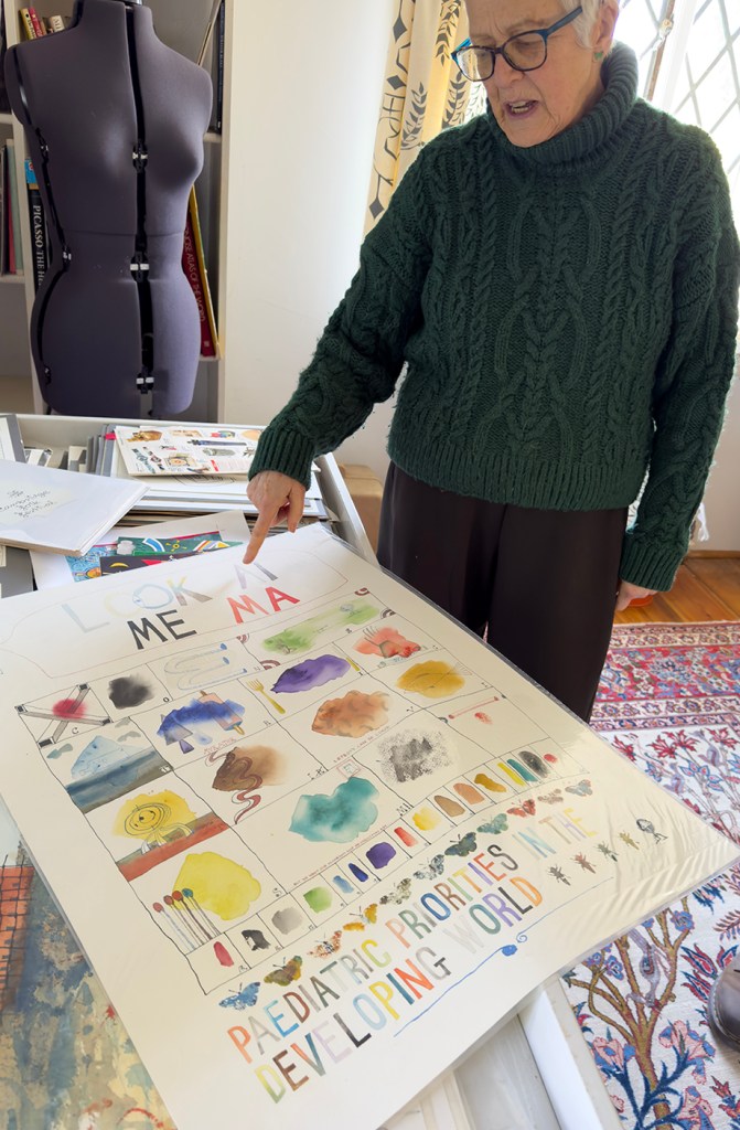 A woman pointing to a large poster